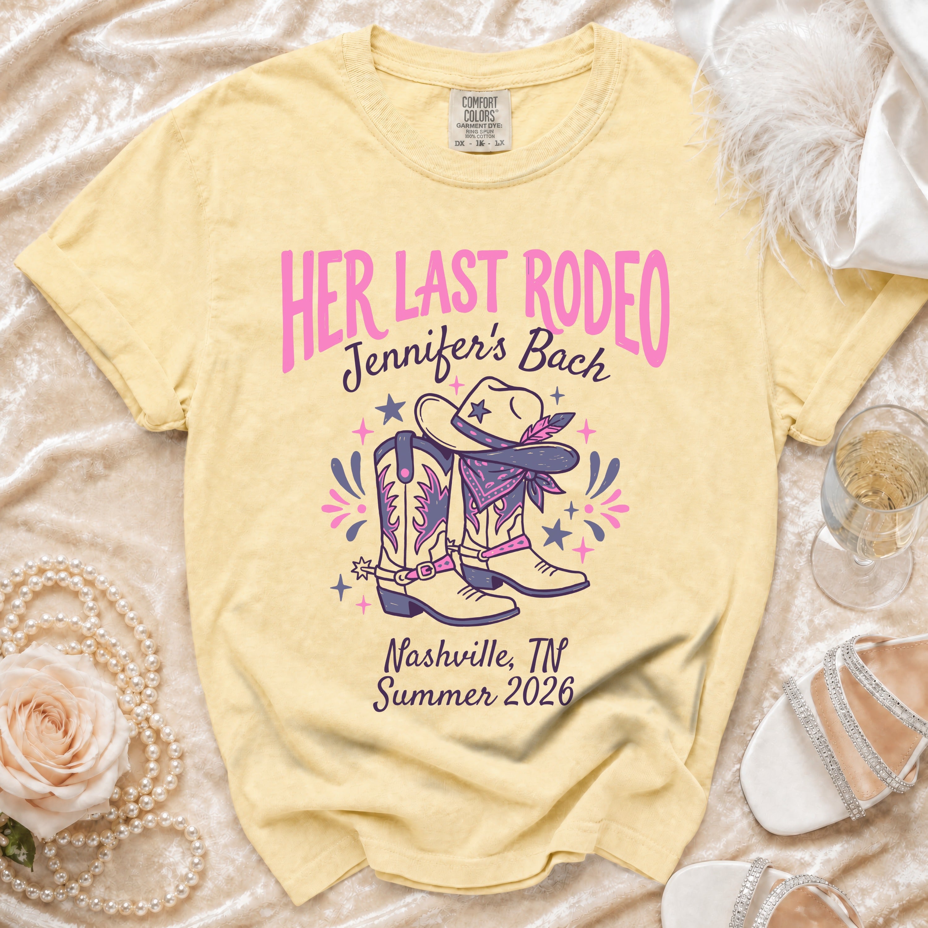Yellow t-shirt with "Her Last Rodeo" and "Jennifer's Bach" text.