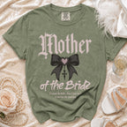 Olive green t-shirt with "Mother of the Bride" gothic font and bow graphic.