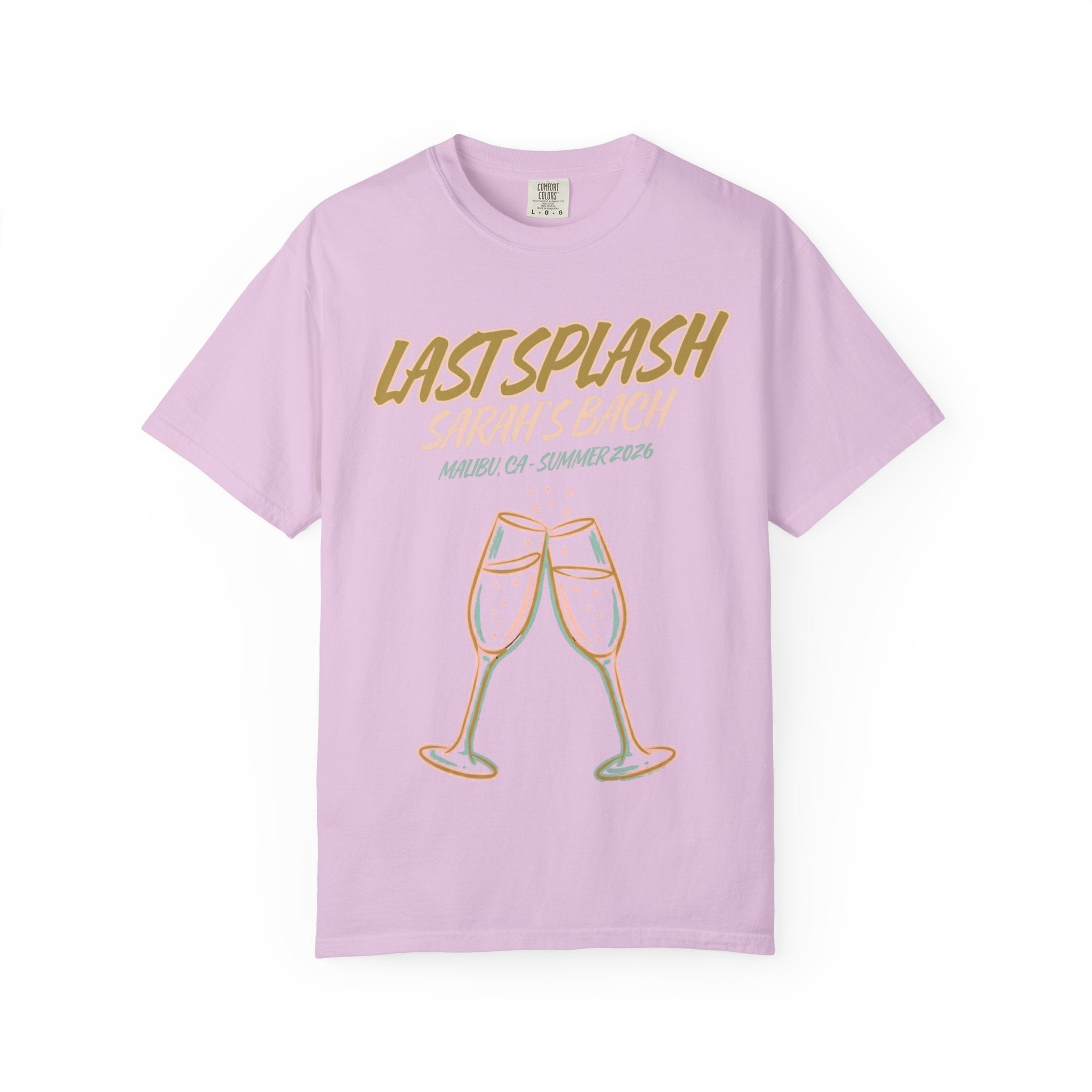 Last Splash bachelorette t-shirt with champagne glasses and text.