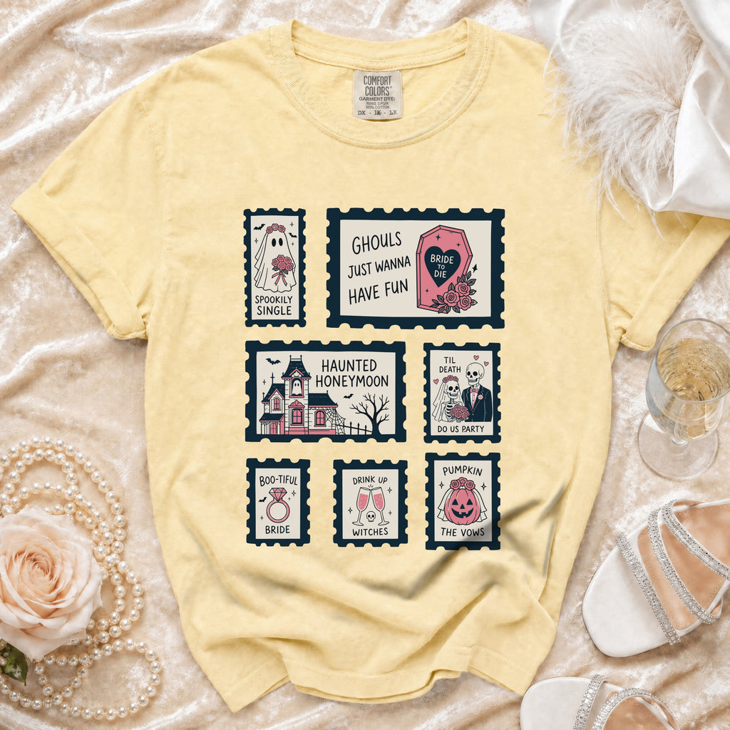 Yellow t-shirt with six Halloween-themed "stamp" graphics about marriage.
