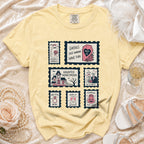 Yellow t-shirt with six Halloween-themed "stamp" graphics about marriage.