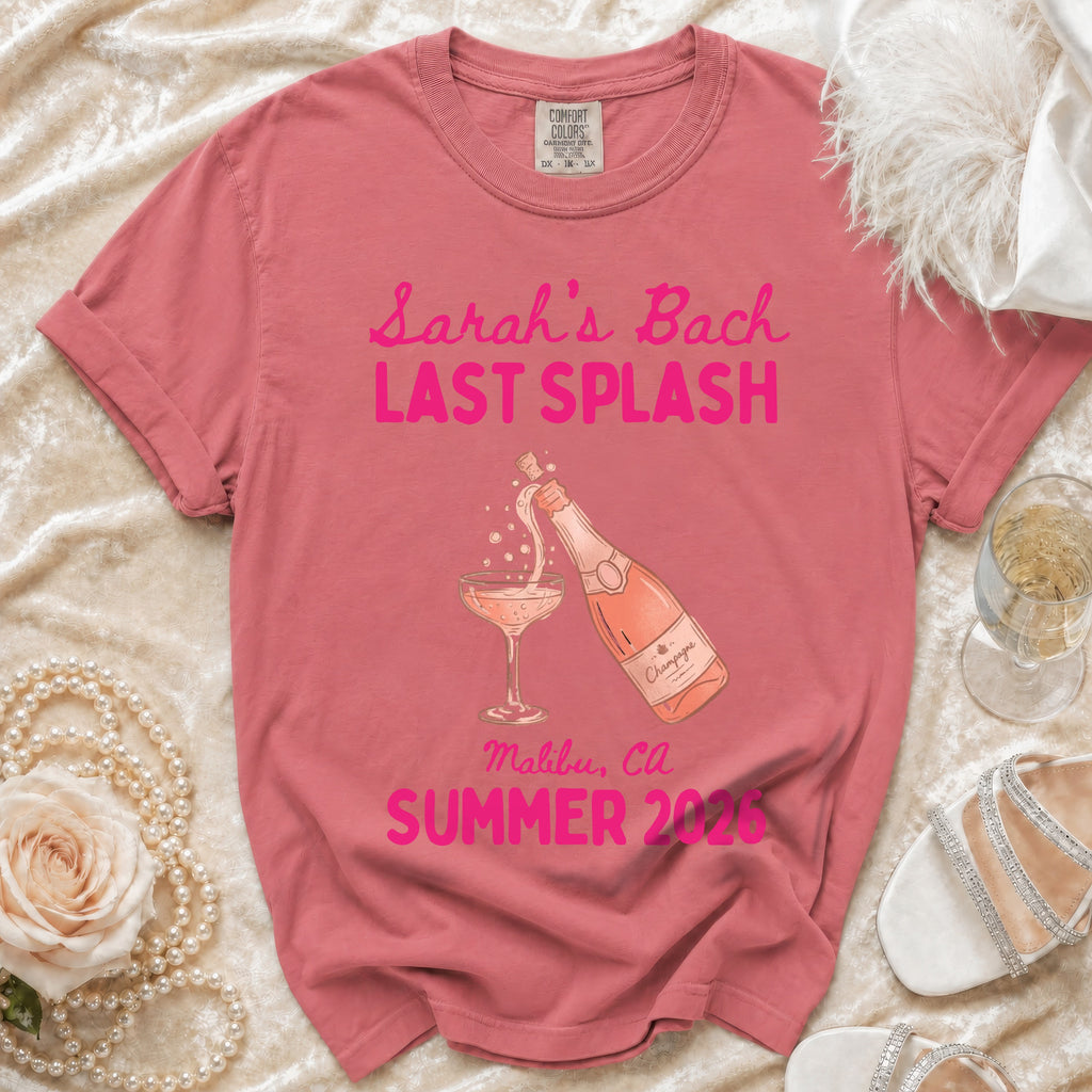 "Sarah's Bach Last Splash" text on a rose t-shirt with champagne bottle and glass.
