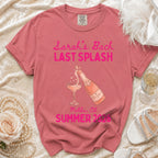 "Sarah's Bach Last Splash" text on a rose t-shirt with champagne bottle and glass.
