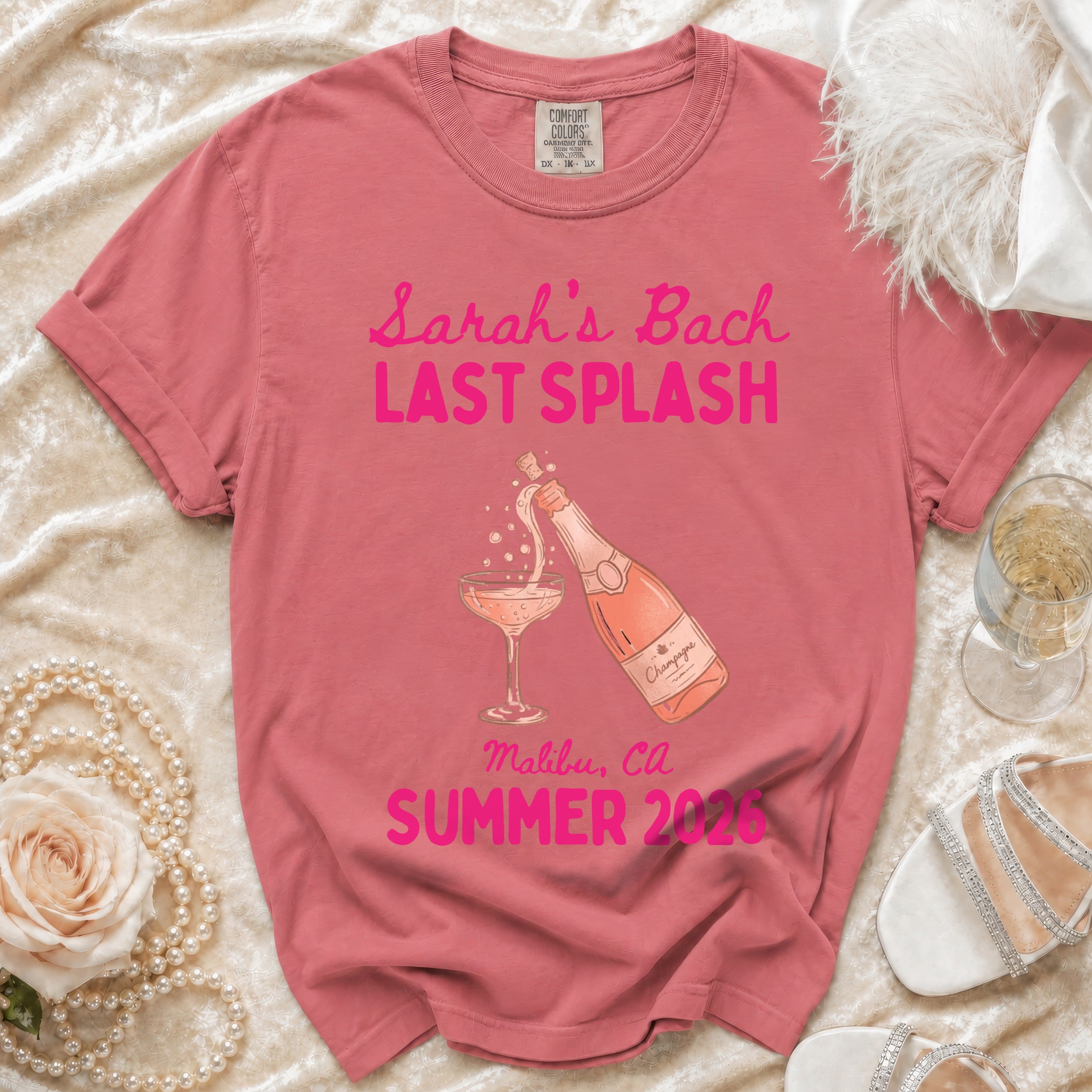 "Sarah's Bach Last Splash" text on a rose t-shirt with champagne bottle and glass.