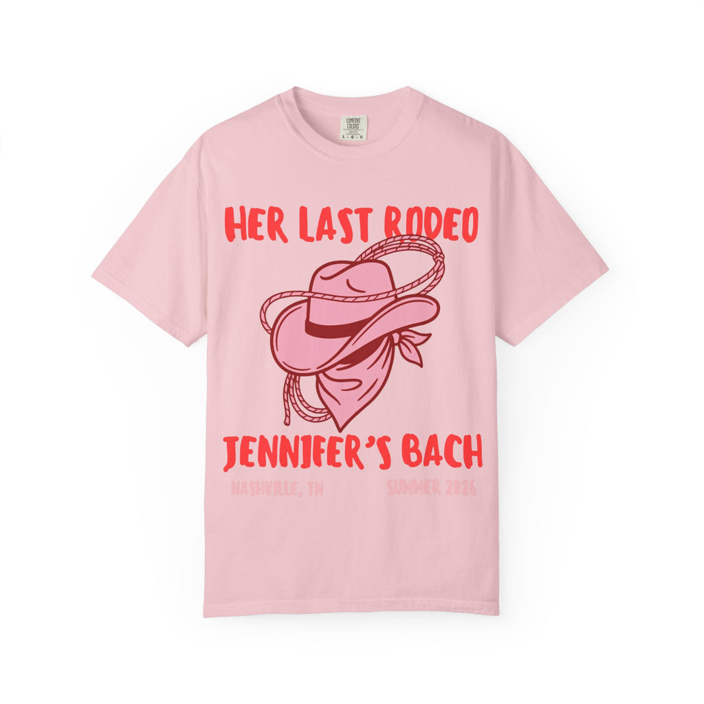 Pink t-shirt with "Her Last Rodeo Jennifer's Bach" text and Western graphics.