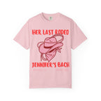 Pink t-shirt with "Her Last Rodeo Jennifer's Bach" text and Western graphics.