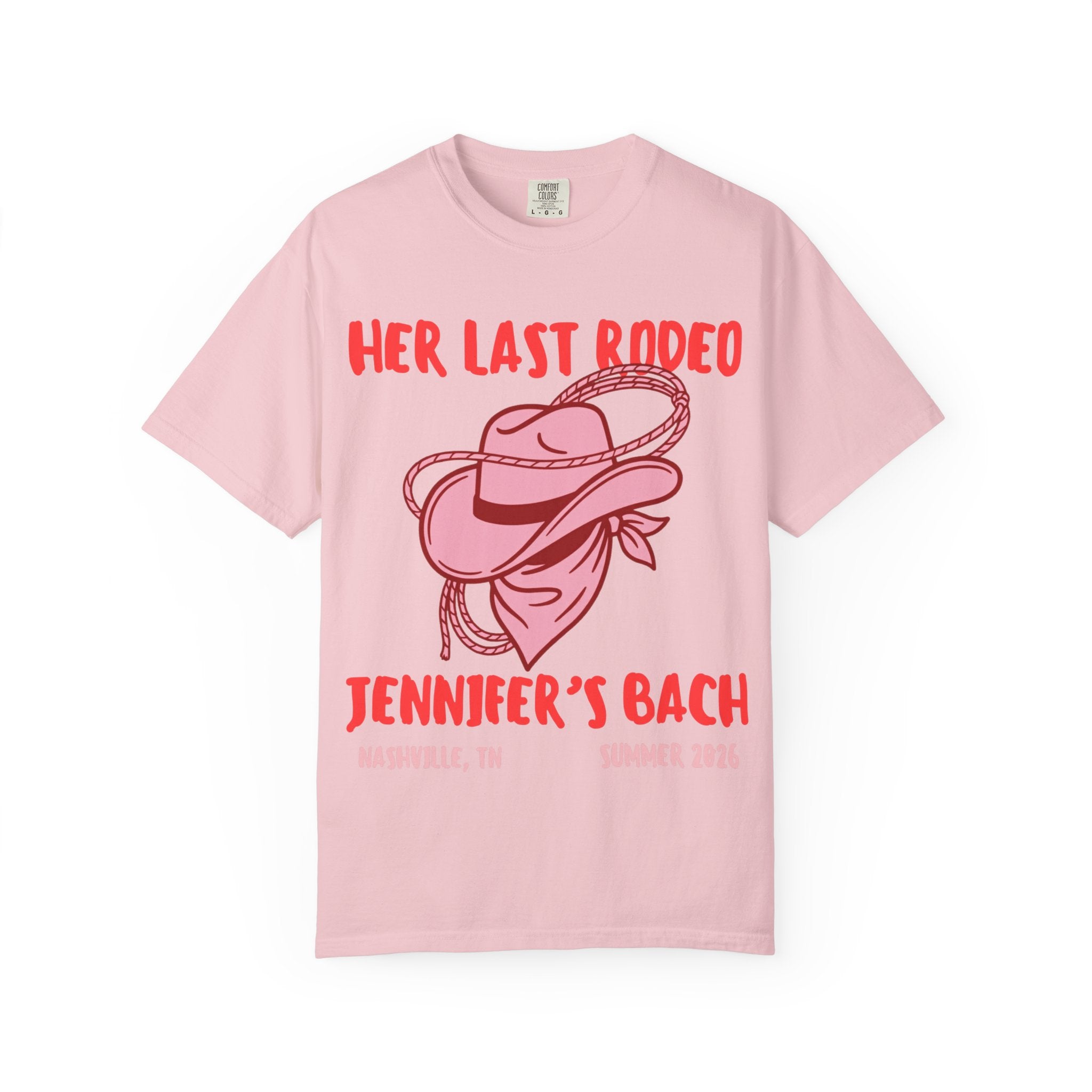 Pink t-shirt with "Her Last Rodeo Jennifer's Bach" text and Western graphics.