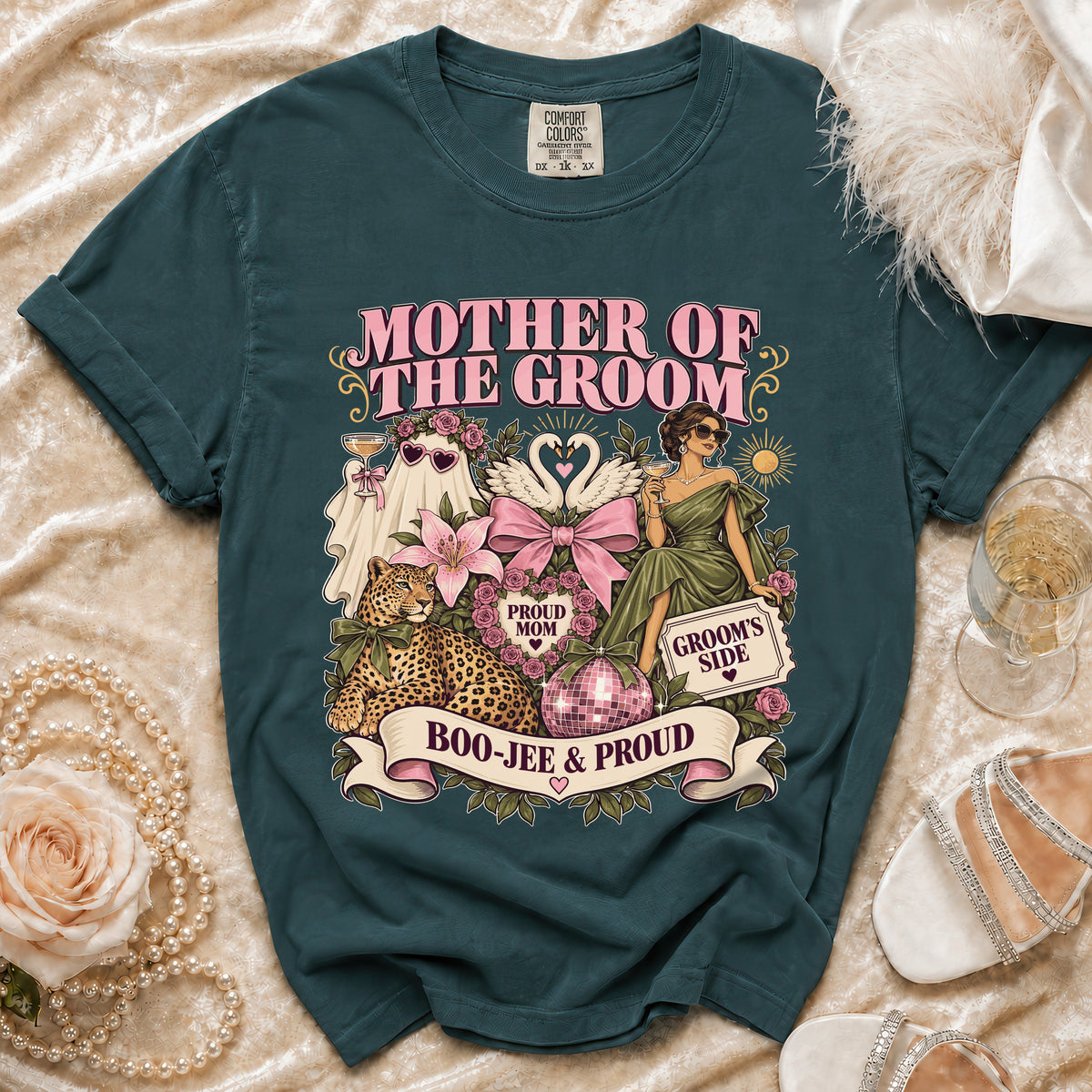 Mother of the Groom t-shirt with leopard, ghost, swans, and "Boo-Jee & Proud" text.