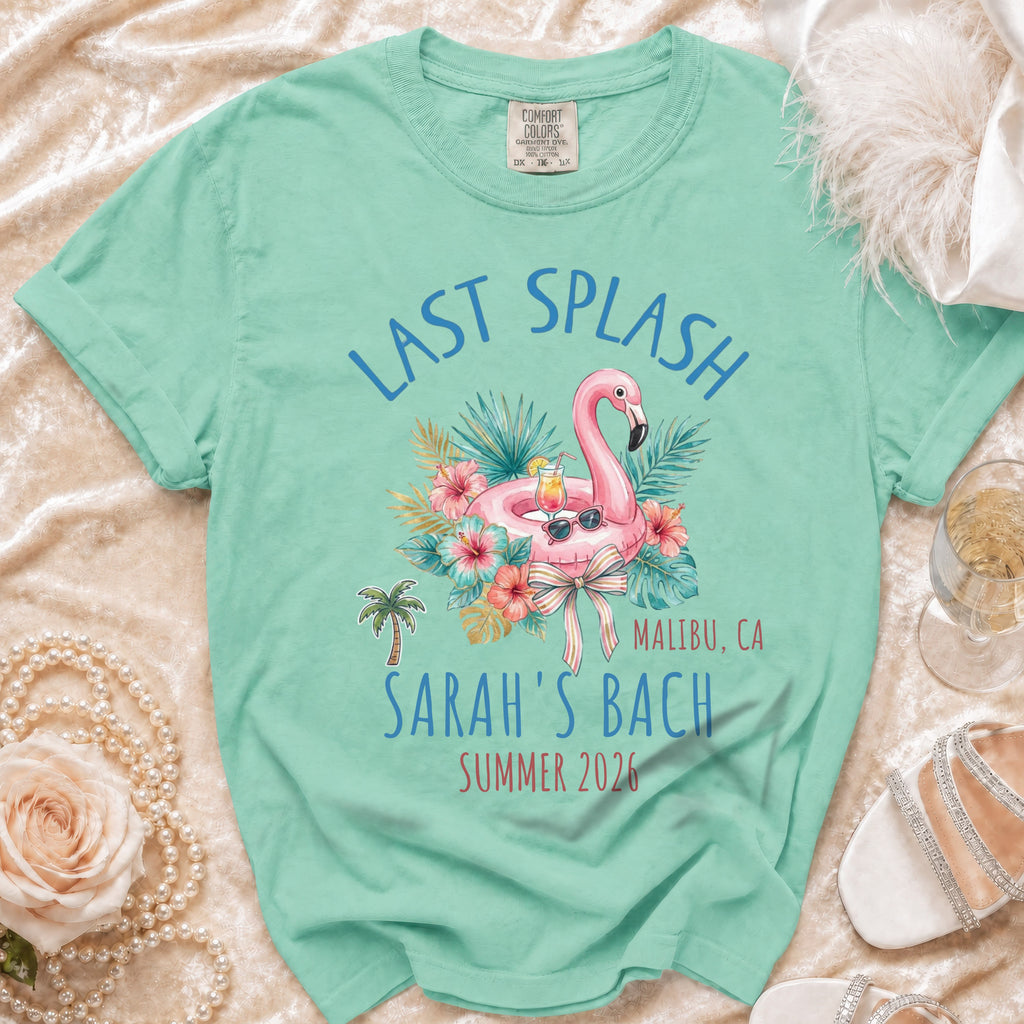 Last Splash Sarah's Bach t-shirt with flamingo and tropical leaves.