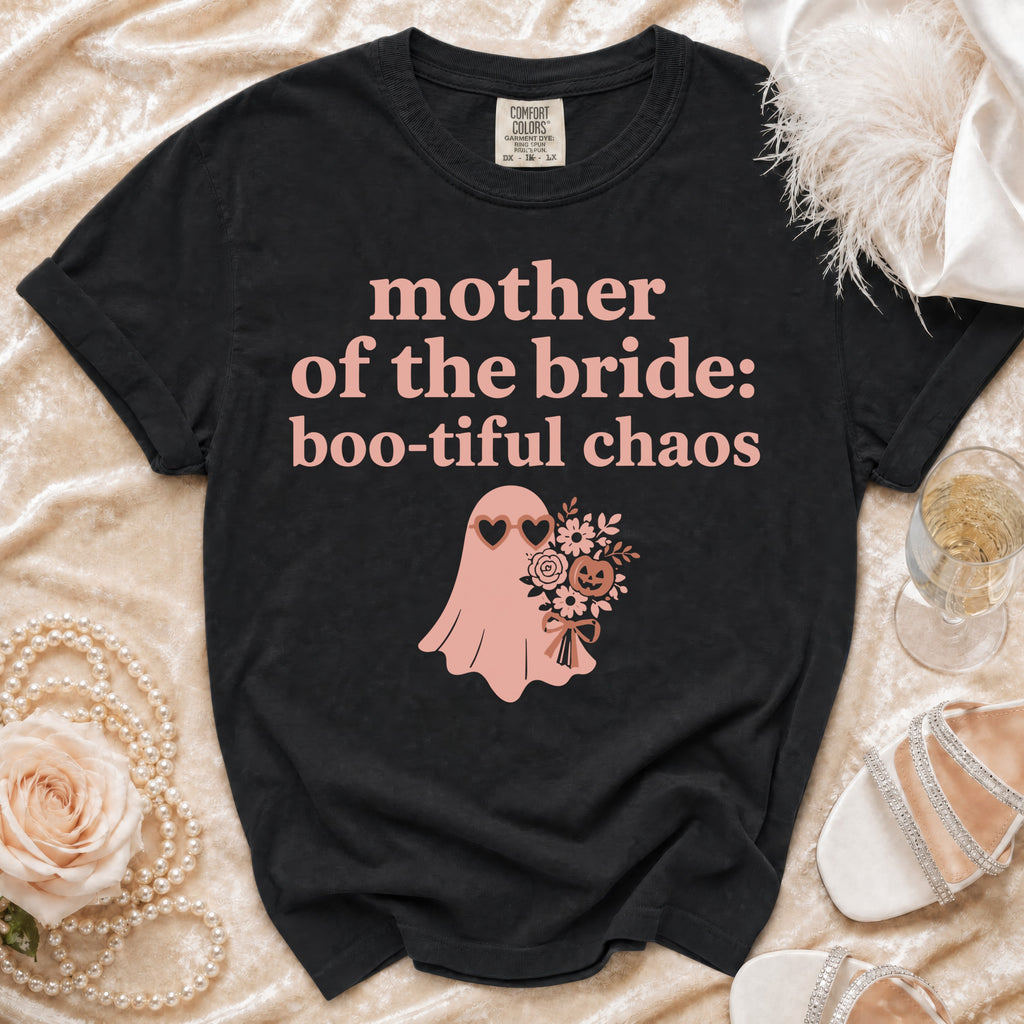 Black t-shirt with "mother of the bride: boo-tiful chaos" text and ghost graphic.