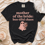 Black t-shirt with "mother of the bride: boo-tiful chaos" text and ghost graphic.
