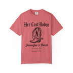 Coral t-shirt with "Her Last Rodeo" and cowboy boot graphic.