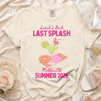 T-shirt with "Sarah's Bach LAST SPLASH Malibu, CA SUMMER 2026" and graphic.