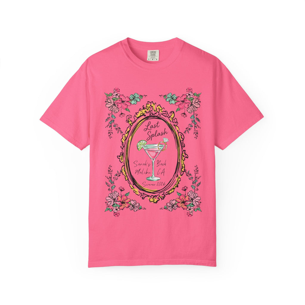 Pink t-shirt with "Last Splash Sarah's Bash Malibu CA Summer 2016" and floral frame.