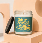 Candle with teal label featuring yellow text "Our Vows, Our Version".