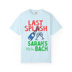 Light blue t-shirt with "LAST SPLASH SARAH'S BACH" text and champagne glasses.