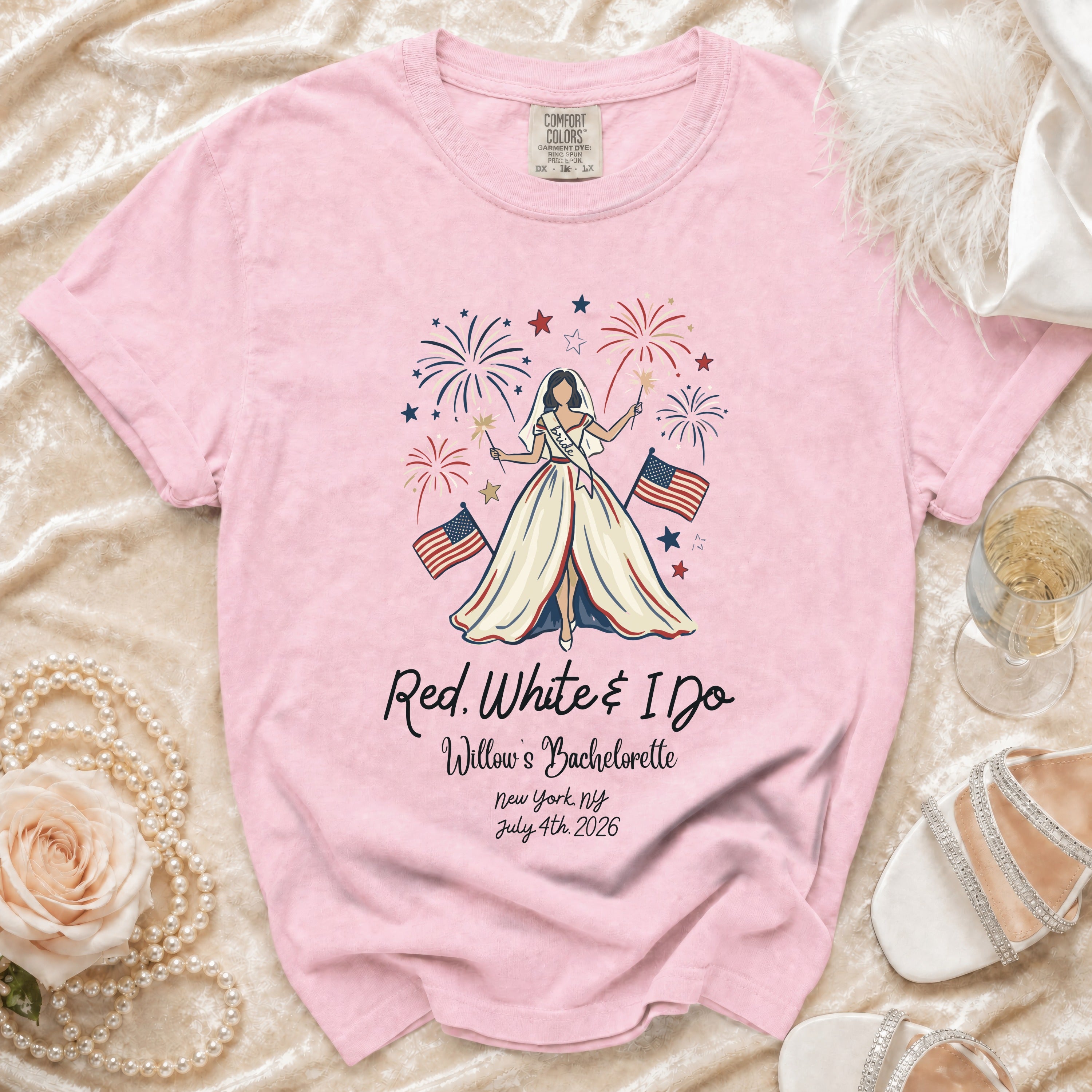 "Red, White & I Do" bachelorette graphic on pink t-shirt with fireworks and flags.
