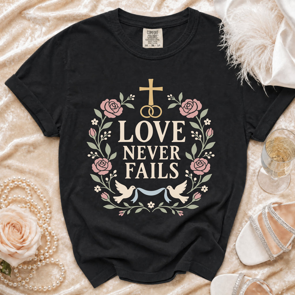Black t-shirt with "LOVE NEVER FAILS" and wedding symbols in floral wreath.