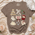 Brown t-shirt with Winter Bride graphic featuring ice skates, champagne, cake, and wedding ring.