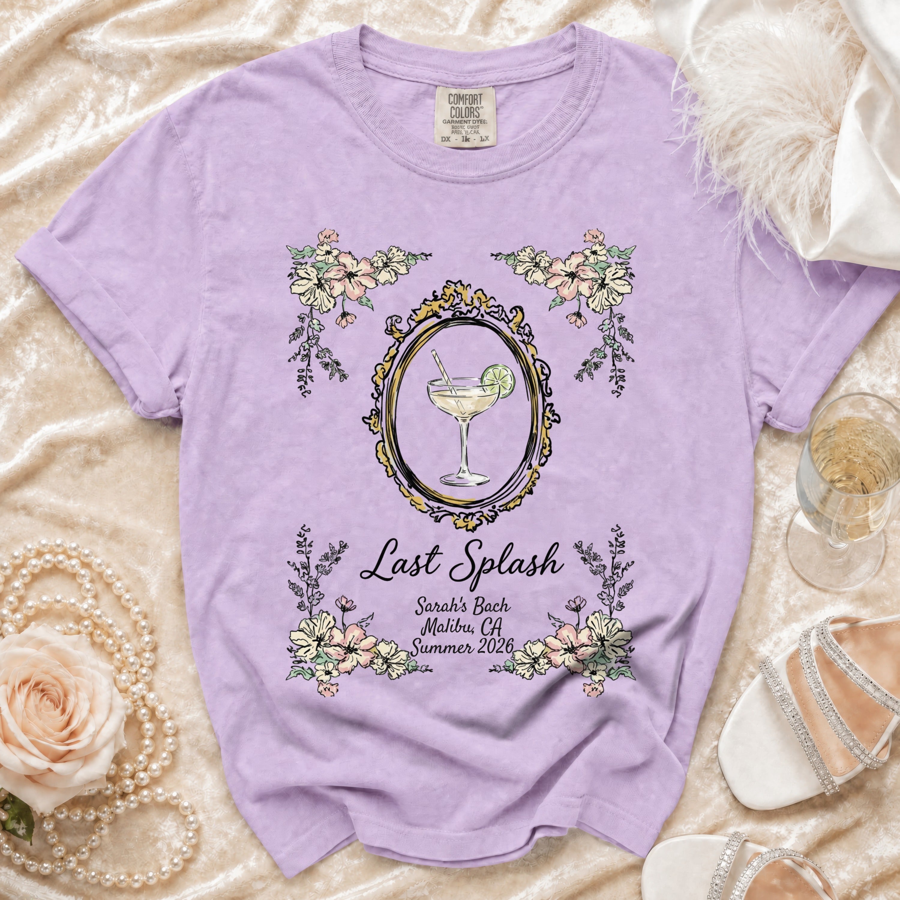 T-shirt with "Last Splash Sarah's Bach Malibu, CA Summer 2026" and floral frame.