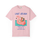 Pink t-shirt with "Last Splash" text, flamingo float, and summer bachelorette details.