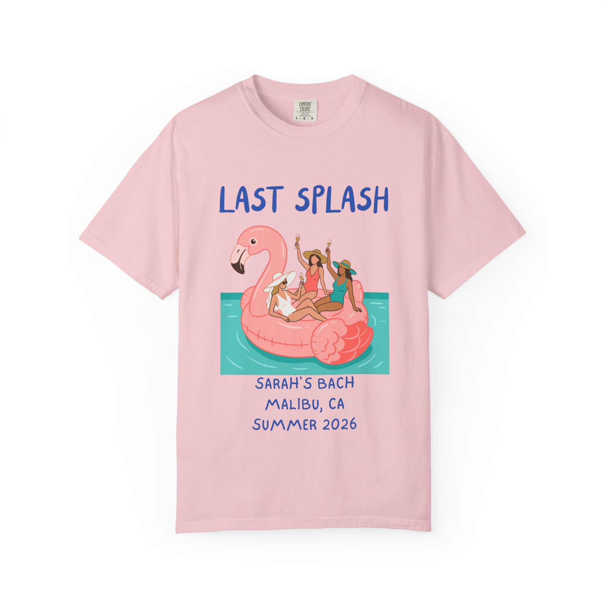 Pink t-shirt with "Last Splash" text, flamingo float, and summer bachelorette details.