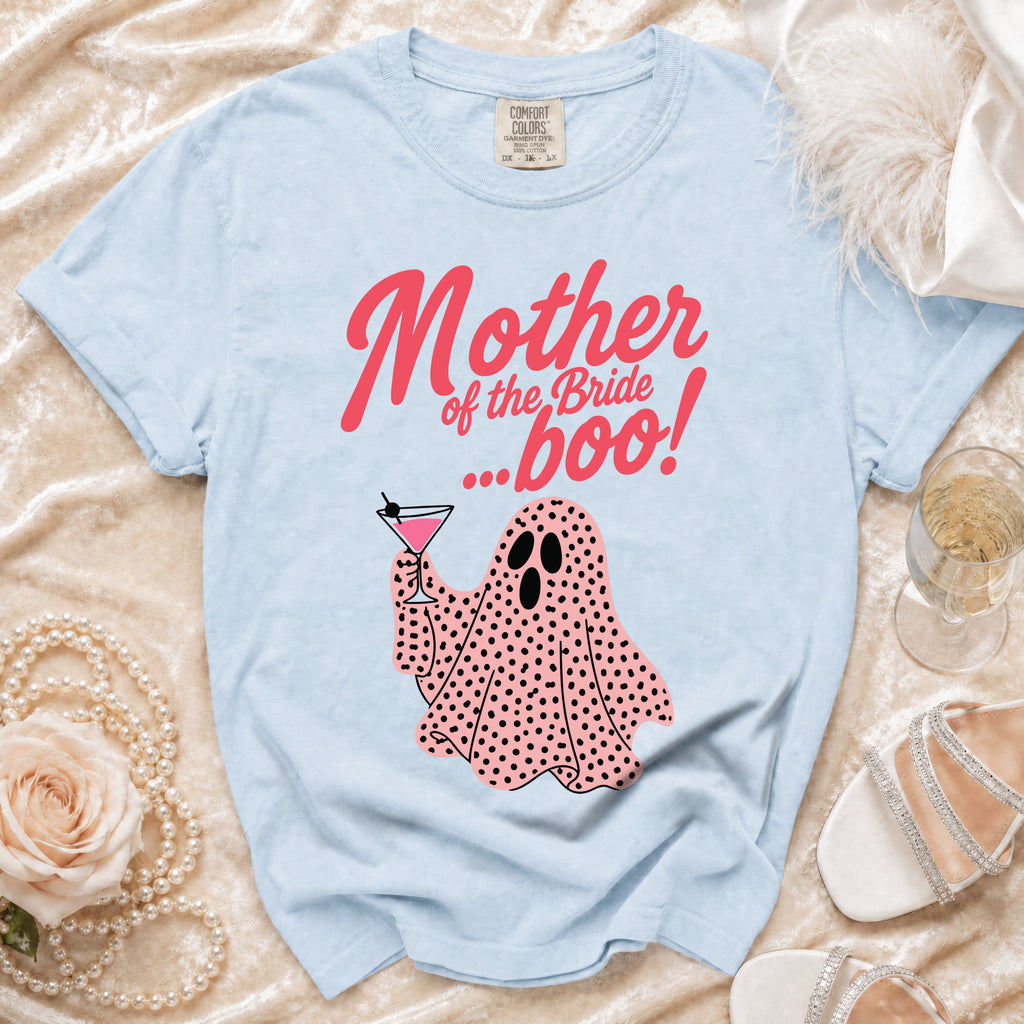 Light blue t-shirt with "Mother of the Bride... boo!" and a pink ghost graphic.