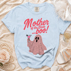 Light blue t-shirt with "Mother of the Bride... boo!" and a pink ghost graphic.