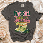 Dark gray t-shirt with "This Girl Needs a Spicy Marg" text and spicy margarita graphic.