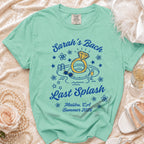 Mint green t-shirt for "Sarah's Bach Last Splash" in Malibu, CA Summer 2026.