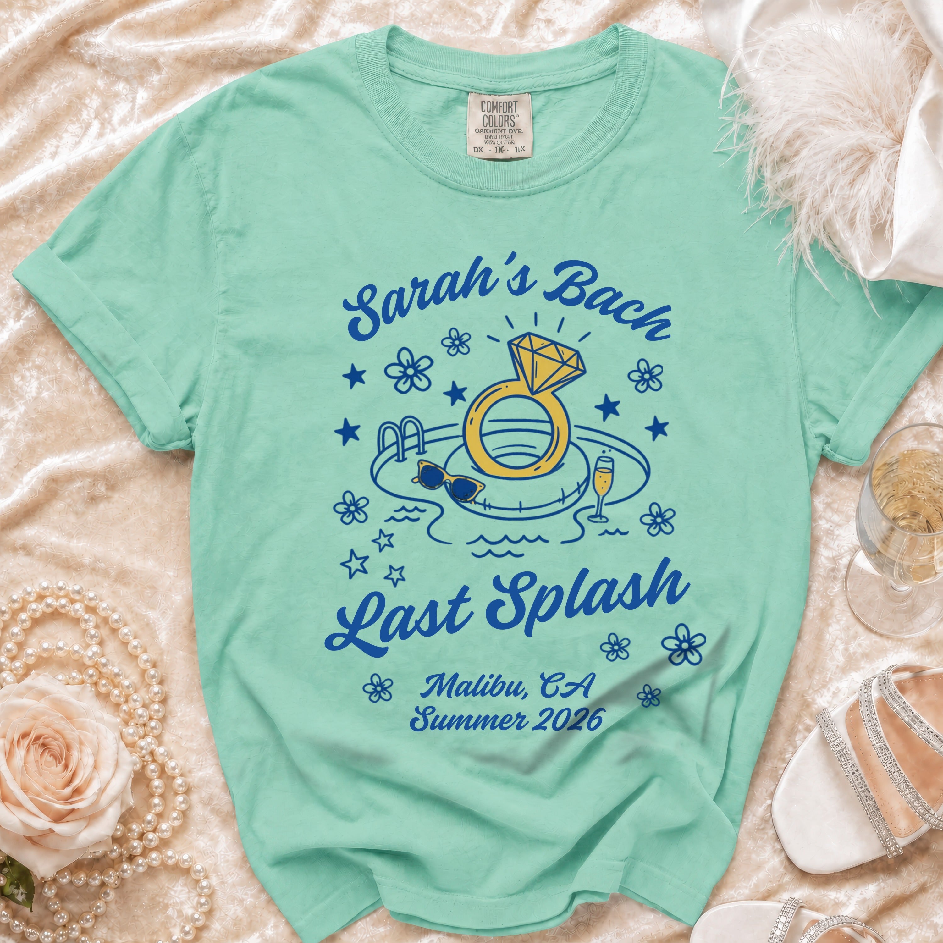 Mint green t-shirt for "Sarah's Bach Last Splash" in Malibu, CA Summer 2026.