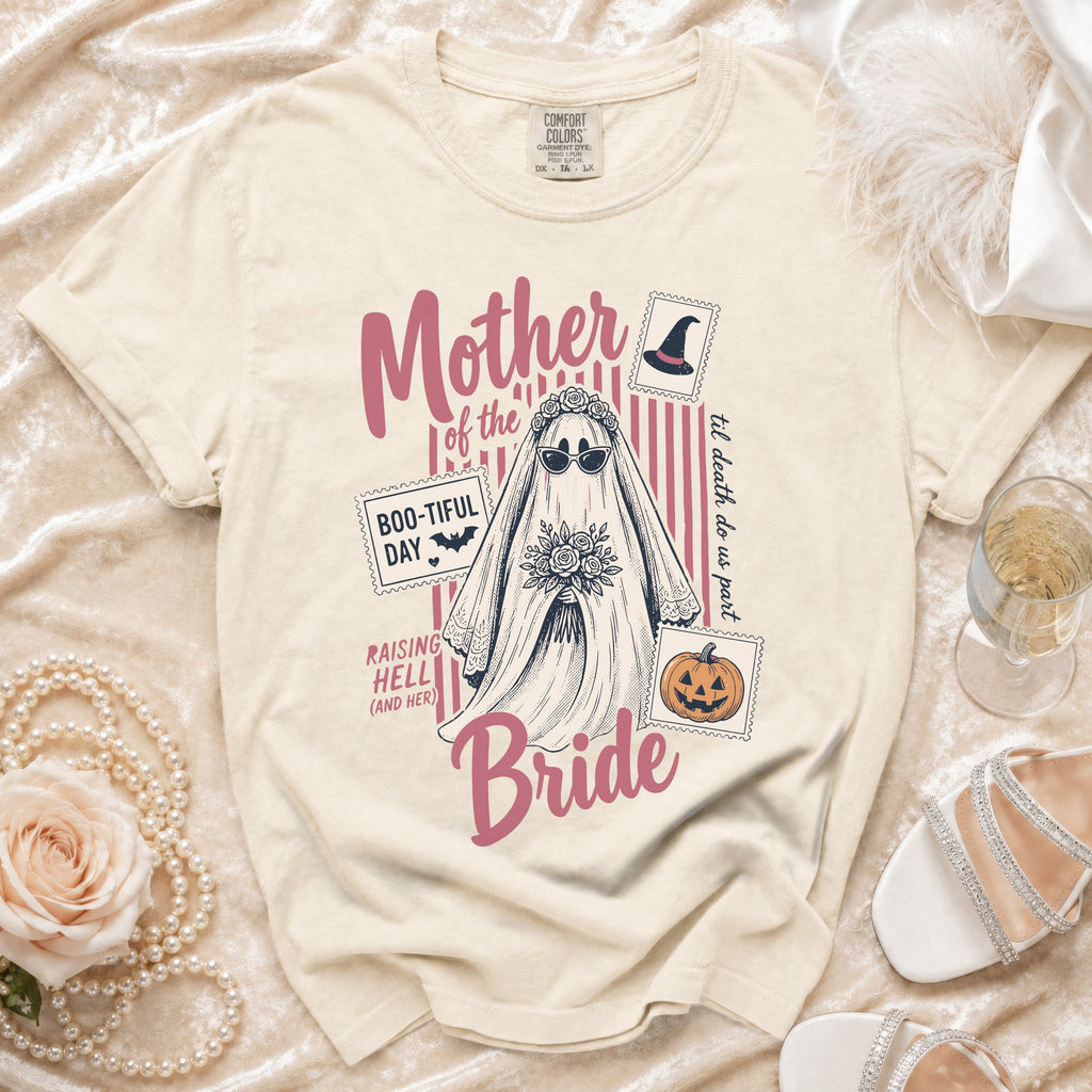 Ghost bride graphic tee with "Mother of the Bride" and Halloween stamps.