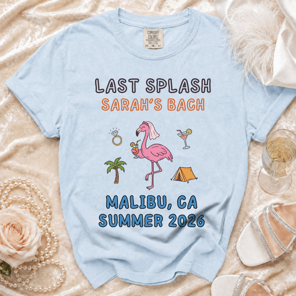 Light blue t-shirt for Sarah's Bach party in Malibu, CA Summer 2026.