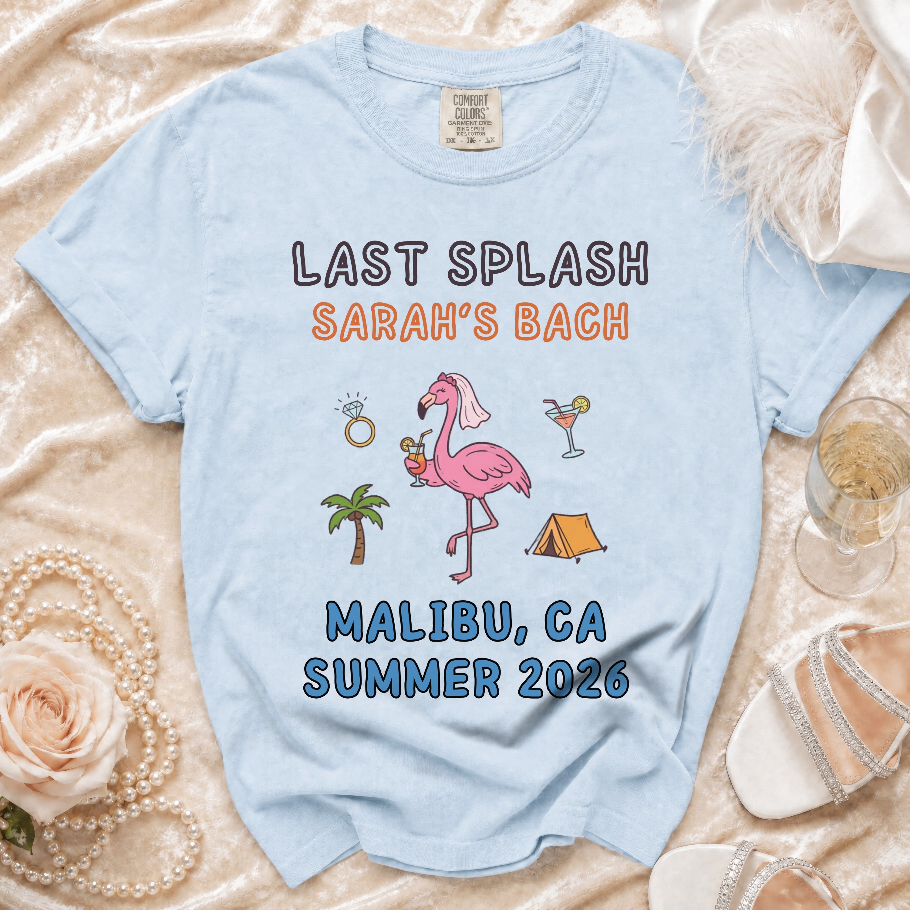 Light blue t-shirt for Sarah's Bach party in Malibu, CA Summer 2026.