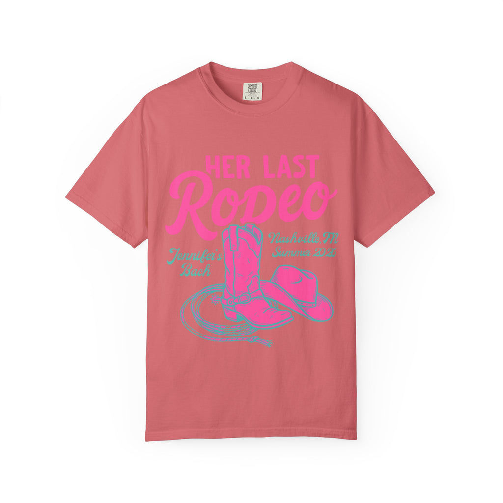 Pink cowboy boots and hat with "Her Last Rodeo" text.