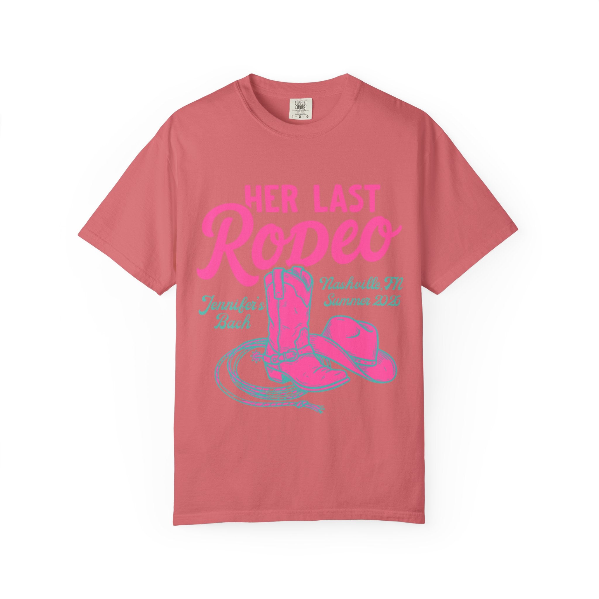 Pink cowboy boots and hat with "Her Last Rodeo" text.