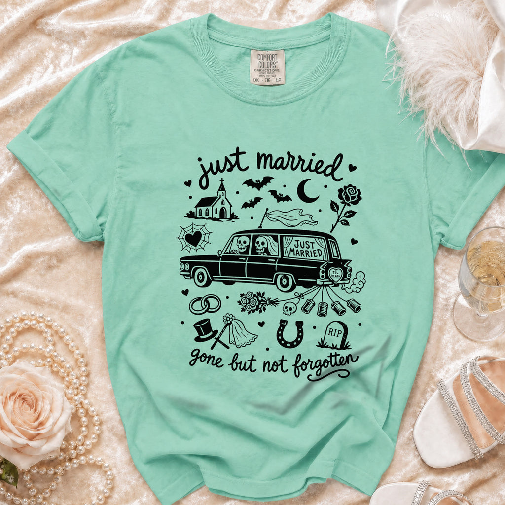 Mint green t-shirt with "Just Married" text and wedding-themed skeleton graphic.