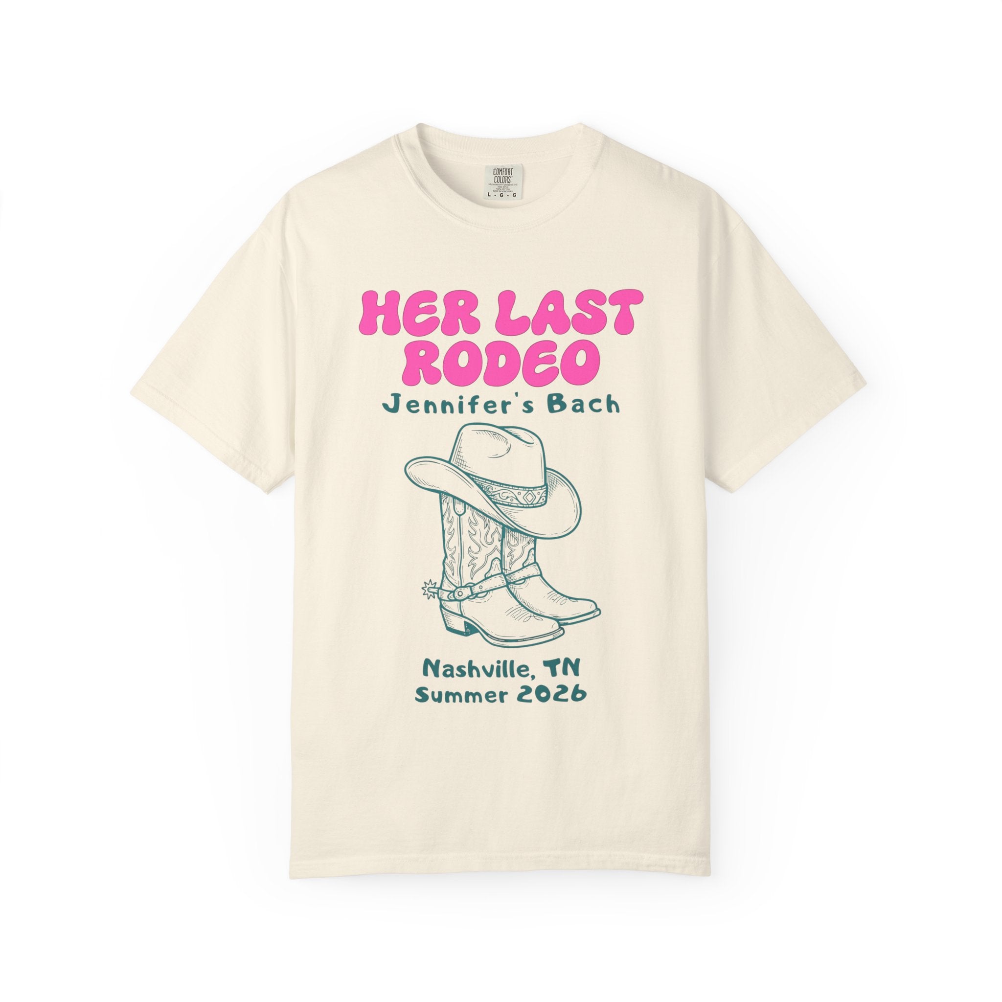 Cream t-shirt with "Her Last Rodeo Jennifer's Bach" and cowboy boots.