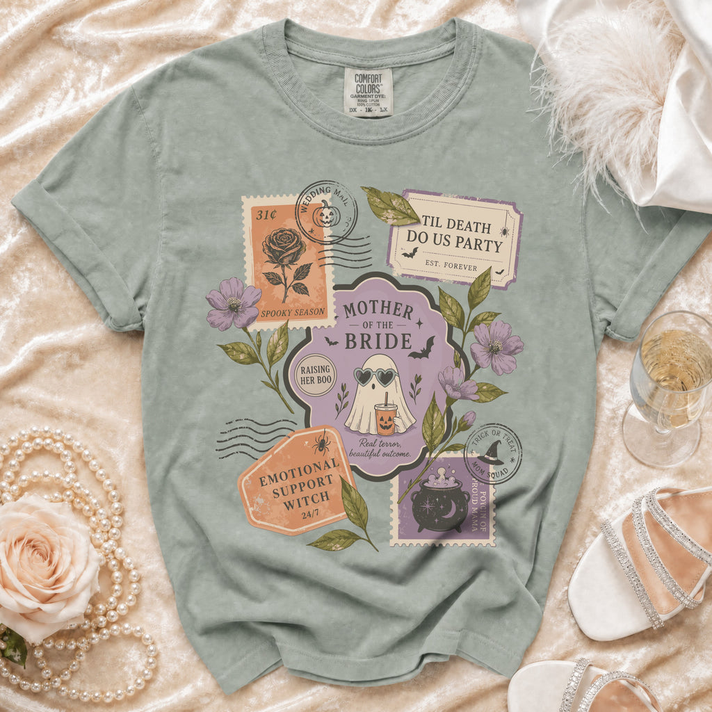 "Mother of the Bride" t-shirt with spooky wedding themed graphics and postage stamps.