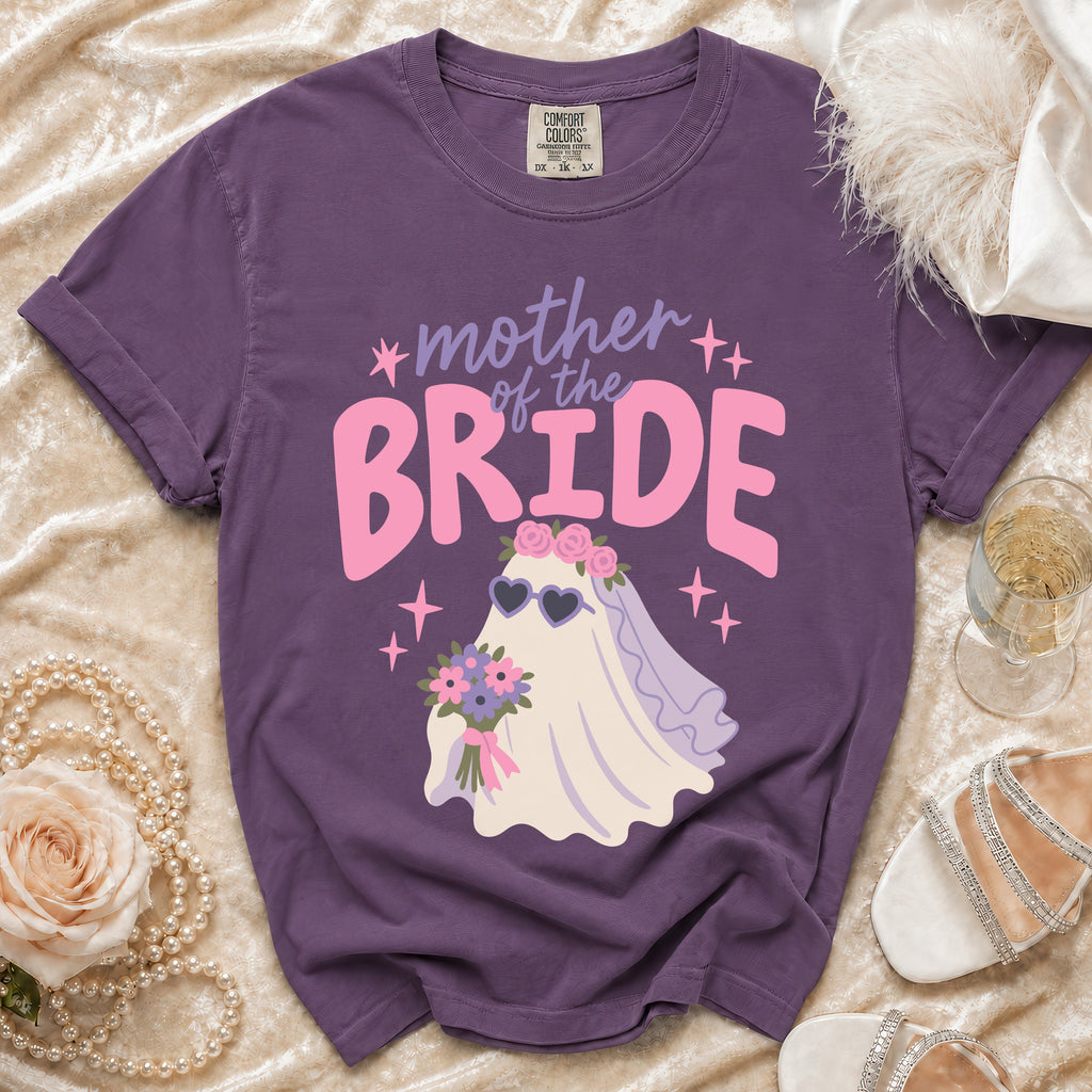 Purple t-shirt with "Mother of the Bride" text and a ghost bride graphic.