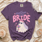 Purple t-shirt with "Mother of the Bride" text and a ghost bride graphic.