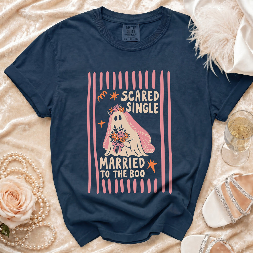 Navy t-shirt with "Scared Single Married to the Boo" ghost bride graphic.