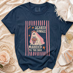 Navy t-shirt with "Scared Single Married to the Boo" ghost bride graphic.