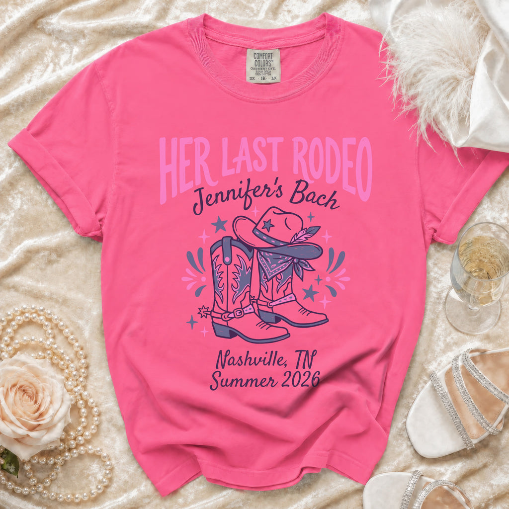 Pink t-shirt with "Her Last Rodeo Jennifer's Bach" text and cowboy boots.