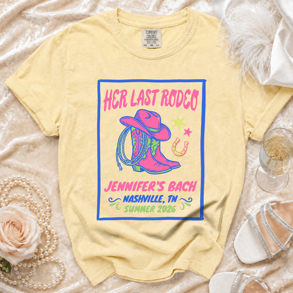 Yellow t-shirt with "Her Last Rodeo" and "Jennifer's Bach Nashville, TN Summer 2026" design.