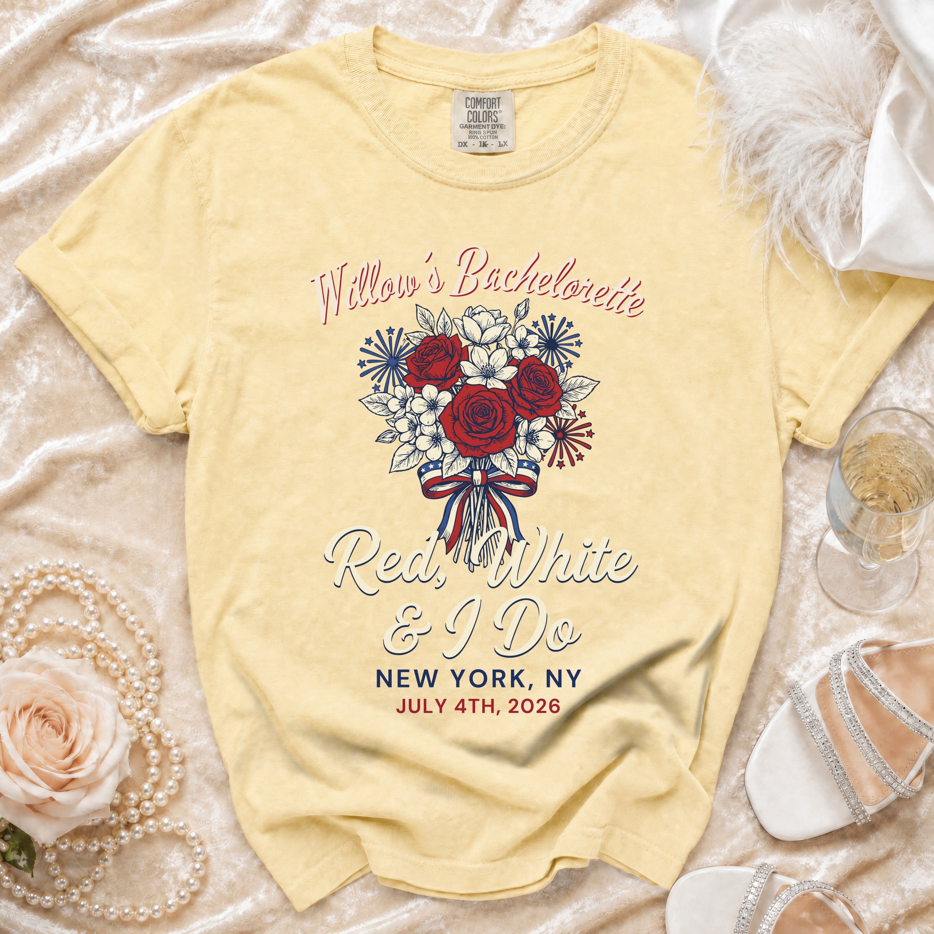 T-shirt with "Willow's Bachelorette" and patriotic floral graphic.