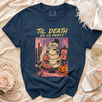 Navy t-shirt with "Til Death Do Us Party" text and skeleton couple graphic.