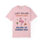 Pink t-shirt with "Last Splash Sarah's Bach Malibu, CA Summer 2026" and graphics.
