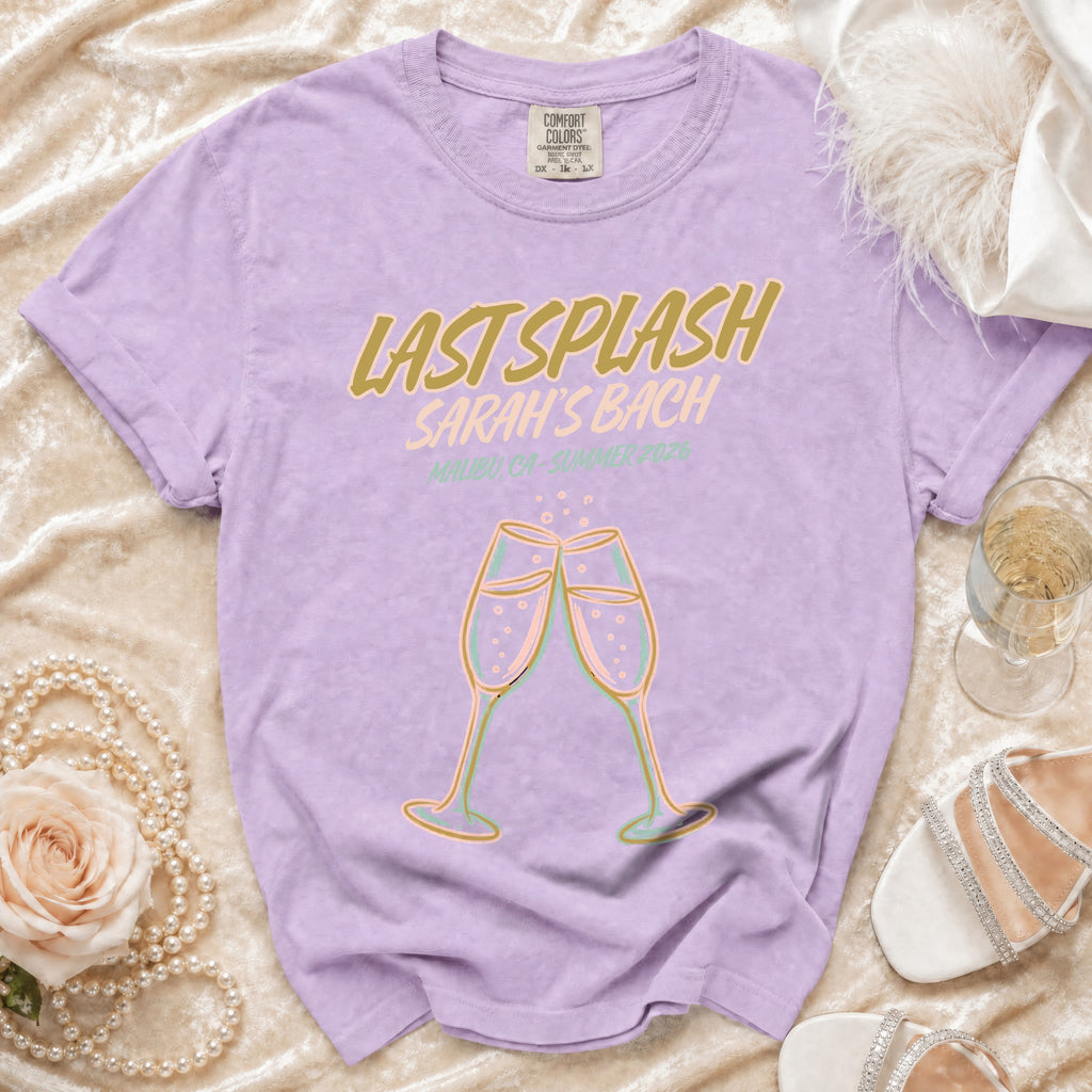 Lavender Comfort Colors t-shirt with "Last Splash" and beach party details.