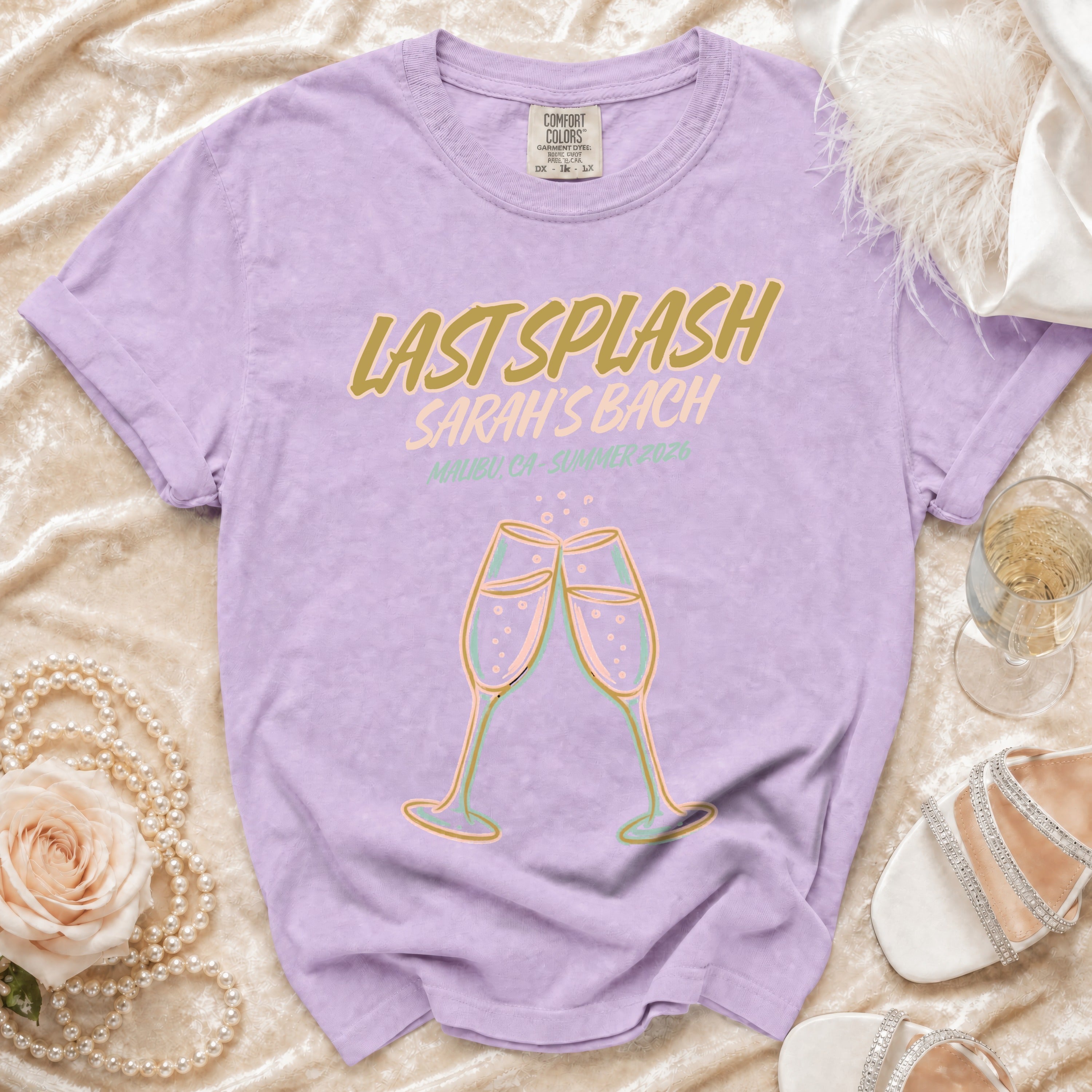 Lavender Comfort Colors t-shirt with "Last Splash" and beach party details.